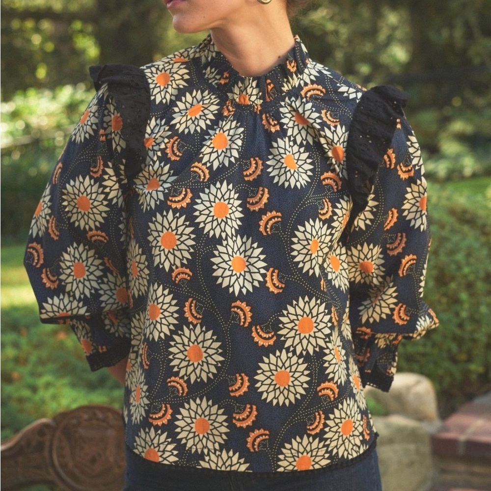 The Odells Anthropologie Navy Sunburst Floral Blouse